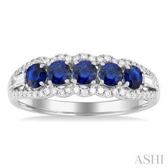 3.1MM Round Sapphire and 1/4 ctw Baguette and Single Cut Diamond 5-Stone Precious Ring in 14K White Gold