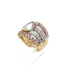 14k Yellow Gold Wide Pink/Quatz Diamond Ring Size 5