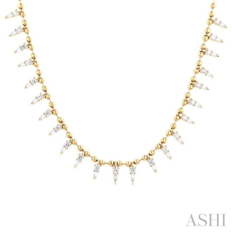 1 1/2 ctw Spikes Fusion Baguette and Round Cut Diamond Fashion Necklace in 14K Yellow Gold