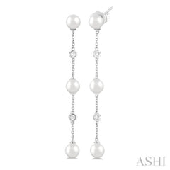 5 MM Round Shape Cultured Pearl and 1/10 Ctw Round Cut Diamond Station Long Earring in 14K White Gold
