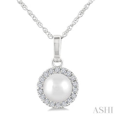 5 MM Cultured White Pearl and 1/20 Ctw Single Cut Diamond Halo Pendant With Chain in 14K White Gold