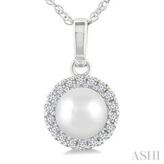 5 MM Cultured White Pearl and 1/20 Ctw Single Cut Diamond Halo Pendant With Chain in 14K White Gold