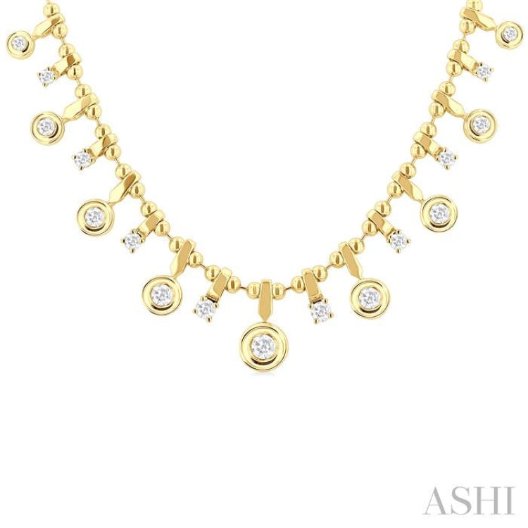 1 1/5 ctw Round Cut Diamond Halfway Bezel and Prong Set Dangle Necklace in 14K Yellow Gold