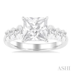 1 Ctw Princess Shape Oval and Round Cut Diamond Semi Mount Engagement Ring in 14K White Gold