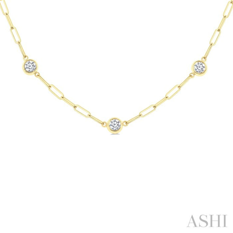 1 Ctw Bezel Set Round Cut Diamond Paperclip Station Necklace in 14K Yellow Gold