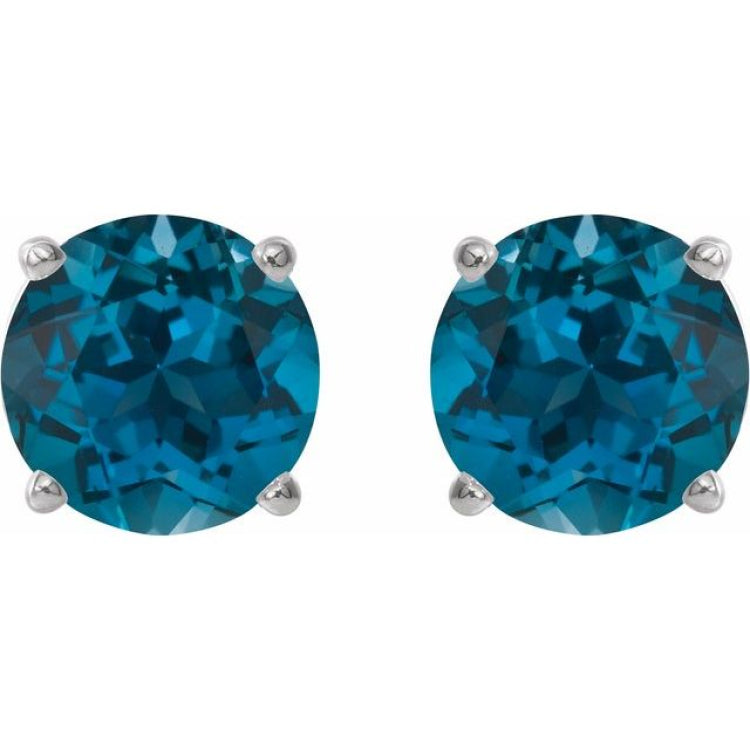 14K White 8 mm Natural London Blue Topaz Stud Earrings