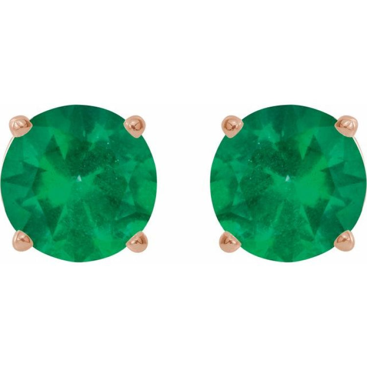 14K Rose 7 mm Lab-Grown Emerald Stud Earrings