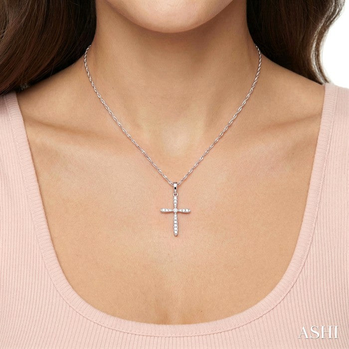 1/10 Ctw Cross Charm Round Cut Diamond Petite Pendant With Chain in 10K White Gold