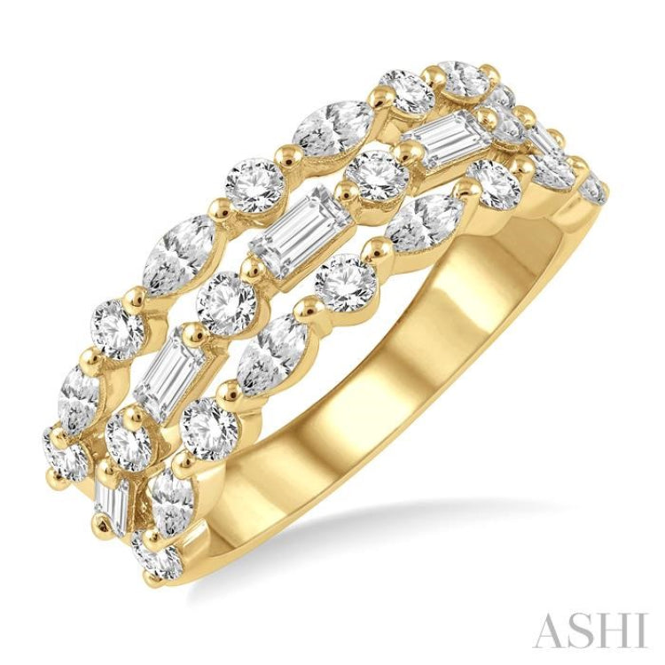 1 1/2 Ctw Triple Row Baguette, Marquise and Round Cut Diamond Fashion Band in 14K Yellow Gold