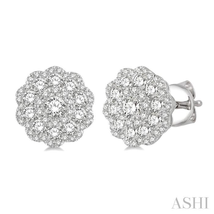 1 ctw Triple Halo Flower Round Cut Diamond Fashion Stud Earrings in 14K White Gold