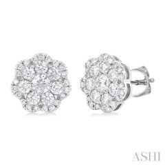 1 ctw Flower Pattern Round Cut Diamond Fashion Stud Earrings in 14K White Gold