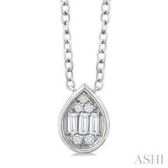 1/6 Ctw Petite Bezel Set Pear Shape Fusion Baguette and Round Cut Diamond Fashion Pendant With Chain in 10K White Gold