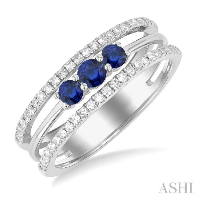 3.2MM, 2.7MM Round Cut Sapphire & 1/4 ctw Single Cut Diamond Past, Present and Future Precious Layered Fashion Ring in 10K White Gold