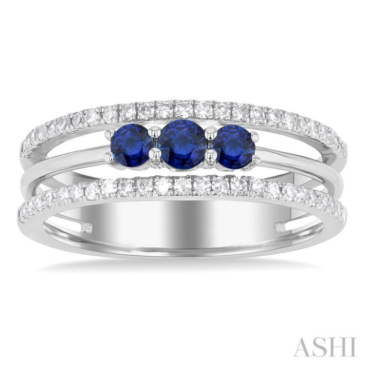 3.2MM, 2.7MM Round Cut Sapphire & 1/4 ctw Single Cut Diamond Past, Present and Future Precious Layered Fashion Ring in 10K White Gold