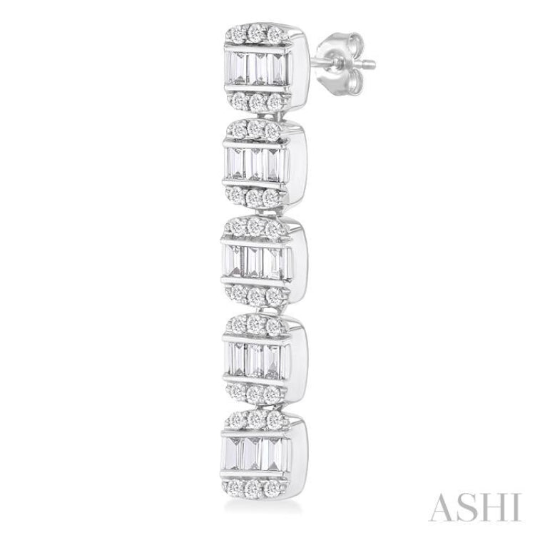 1/2 ctw Fusion Baguette and Single Cut Diamond Long Fashion Earrings in 14K White Gold