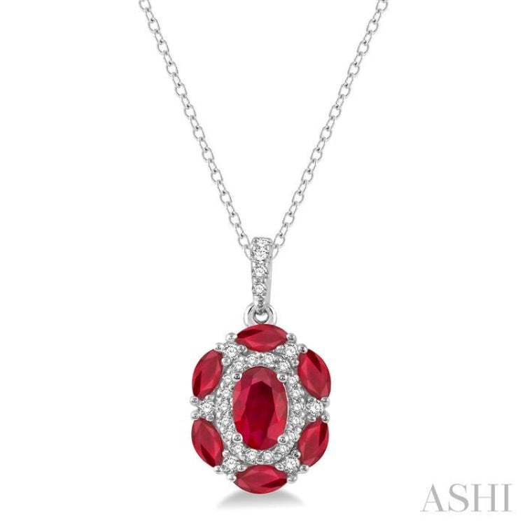 1/6 Ctw Oval 6x4 MM & Marquise 4x2 MM Ruby and Round Cut Diamond Precious Pendant With Chain in 14K White Gold