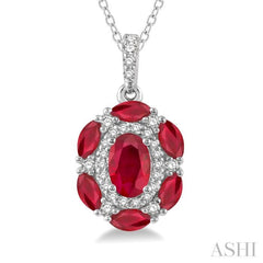 1/6 Ctw Oval 6x4 MM & Marquise 4x2 MM Ruby and Round Cut Diamond Precious Pendant With Chain in 14K White Gold