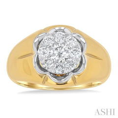 1 ctw Floral Center Lovebright Round Cut Diamond Men's Ring in 10K Yellow and White Gold