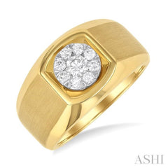 1/2 Ctw Basin Nestled Circular Mount Lovebright Round Cut Diamond Men's Ring in 10K Yellow and White Gold