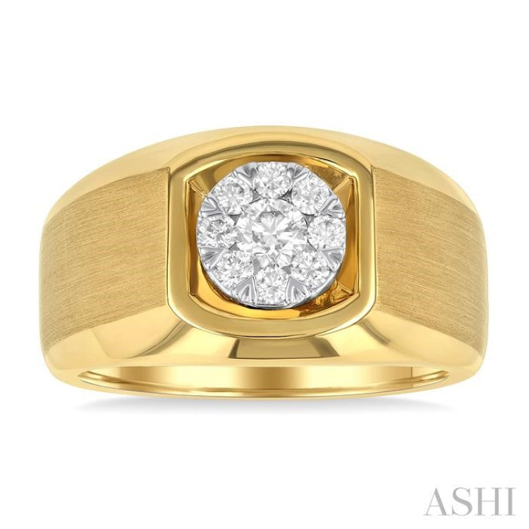 1/2 ctw Basin Nestled Circular Mount Lovebright Round Cut Diamond Men's Ring in 10K Yellow and White Gold