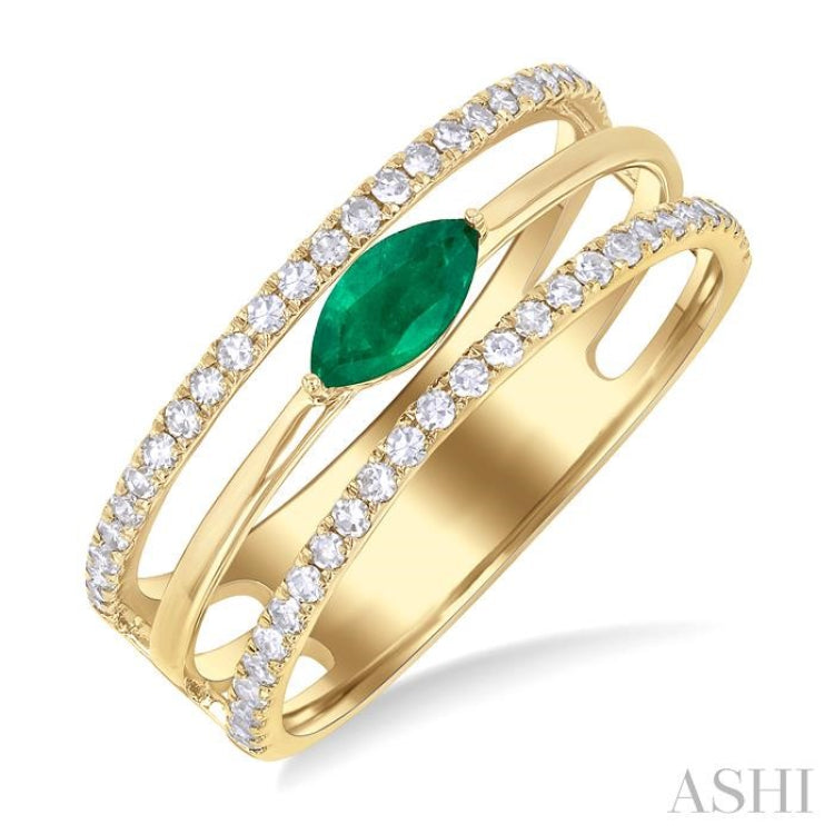 6X3MM East-West Set Marquise Cut Emerald and 1/4 ctw Single Cut Diamond Precious Layered Fashion Ring in 10K Yellow Gold