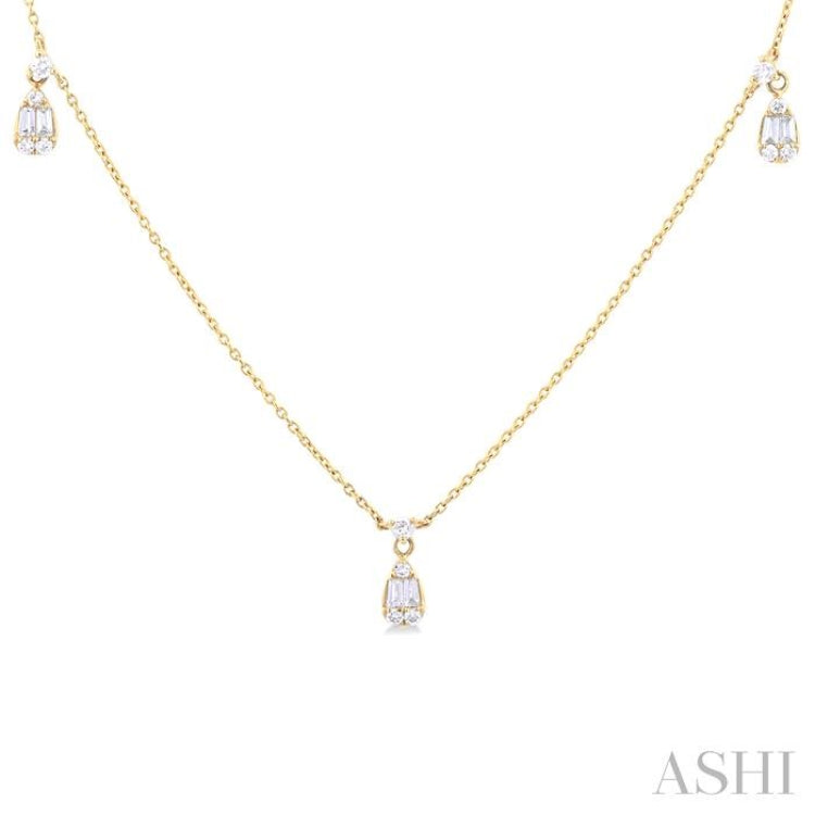 1/2 ctw Tear Drop Fusion Baguette and Round Cut Diamond Station Necklace in 14K Yellow Gold