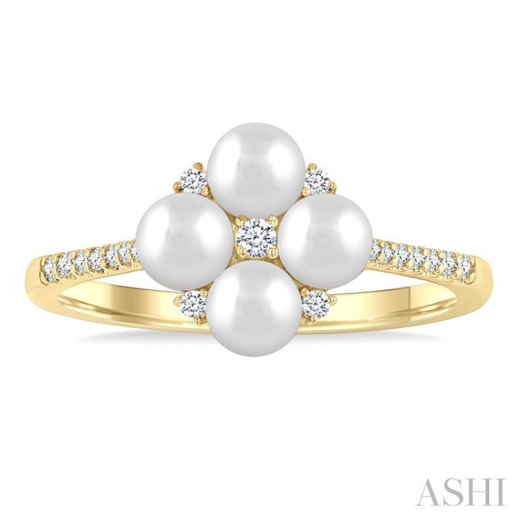 4 MM Floral Center Round Shape Cultured Pearl and 1/8 Ctw Round Cut Diamond Fashion Ring in 10K Yellow Gold