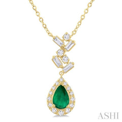6x4 MM Pear Cut Emerald and 1/5 Ctw Scatter Baguette & Single Cut Halo Diamond Precious Pendant With Chain in 10K Yellow Gold