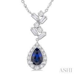 6X4MM Pear Cut Sapphire and 1/5 ctw Scatter Baguette & Single Cut Halo Diamond Precious Necklace in 10K White Gold