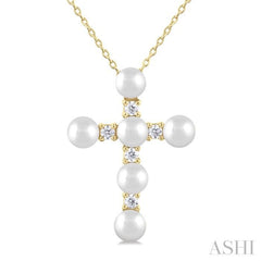 1/6 Ctw Cross 4X4 MM Cultured Pearl and Round Cut Diamond Fashion Pendant With Chain in 10K Yellow Gold