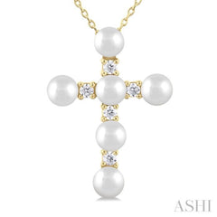 1/6 Ctw Cross 4X4 MM Cultured Pearl and Round Cut Diamond Fashion Pendant With Chain in 10K Yellow Gold