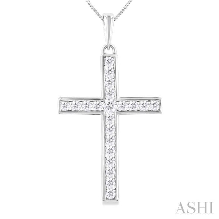 1/2 ctw Round Cut Diamond Channel Set 1-Inch Plate Cross Pendant With Chain in 14K White Gold