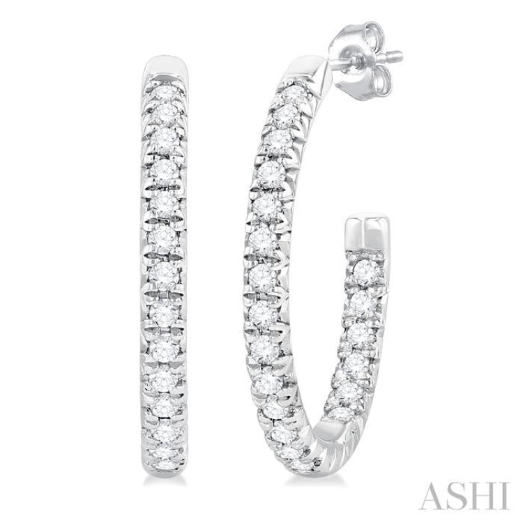 1/6 Ctw French Pave Set Round Cut Diamond Fashion Half Hoop Earring in 14K White Gold