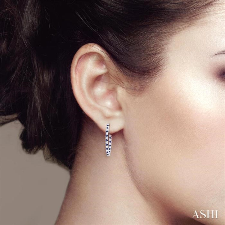 1.6 MM Round Sapphire and 1/2 ctw Round Cut Diamond Inside & Outside Alternating Precious Hoop Earrings in 14K White Gold