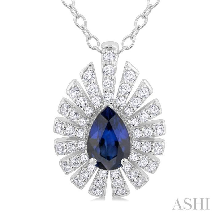 1/3 Ctw Starburst 6X4 MM Pear Cut Sapphire and Round Cut Diamond Precious Pendant With Chain in 14K White Gold