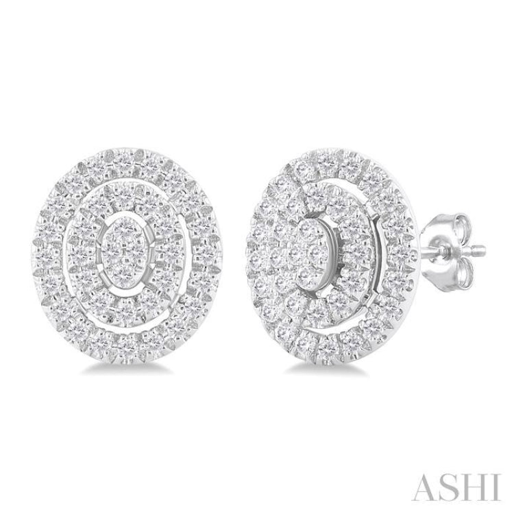 1/5 Ctw Double Halo Oval Shape Petite Round Cut Diamond Fashion Stud Earring in 10K White Gold