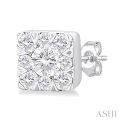 1/6 Ctw Lovebright Petite Square Shape Round Cut Diamond Fashion Stud Earring in 10K White Gold