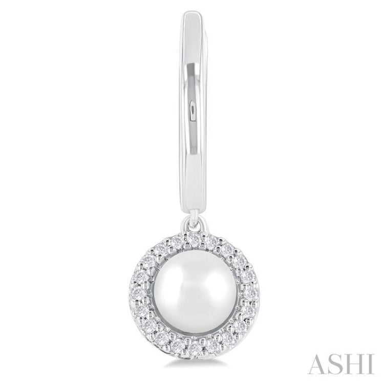 1/8 Ctw Petite 5.5 MM Cultured Pearl and Round Cut Diamond Halo Fashion Huggies in 10K White Gold