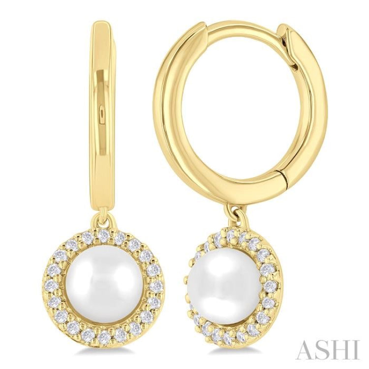 5.5 MM Round Shape Cultured Pearl and 1/8 Ctw Petite Round Cut Diamond Halo Fashion Huggies in 10K Yellow Gold