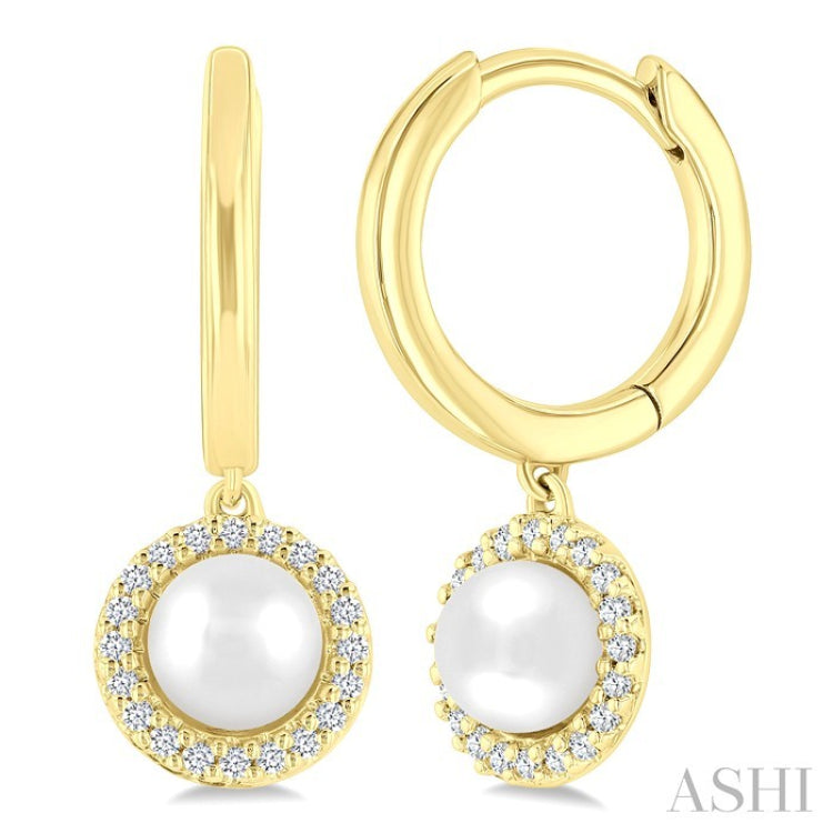 5.5 MM Round Shape Cultured Pearl and 1/8 Ctw Petite Round Cut Diamond Halo Fashion Huggies in 10K Yellow Gold