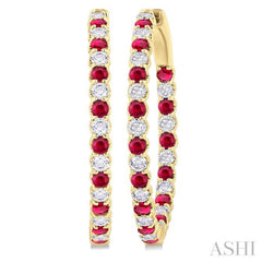 2.3MM Round Ruby and 1 1/2 ctw Round Cut Diamond Inside & Outside Alternating Precious Hoop Earrings in 14K Yellow Gold