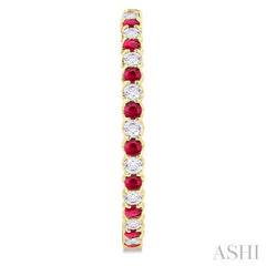 2.3MM Round Ruby and 1 1/2 ctw Round Cut Diamond Inside & Outside Alternating Precious Hoop Earrings in 14K Yellow Gold