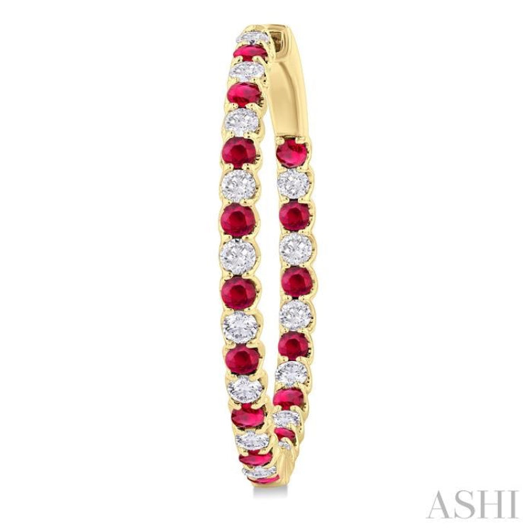 2.3MM Round Ruby and 1 1/2 ctw Round Cut Diamond Inside & Outside Alternating Precious Hoop Earrings in 14K Yellow Gold