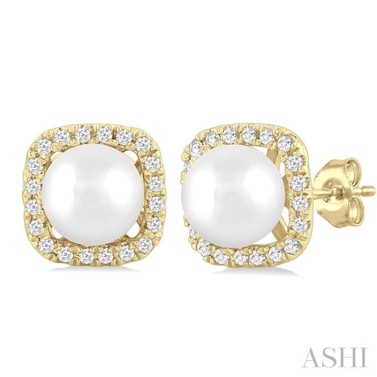 1/8 Ctw Petite 5 MM Cultured Pearl and Cushion-Shaped Round Cut Diamond Halo Stud Earring in 10K Yellow Gold