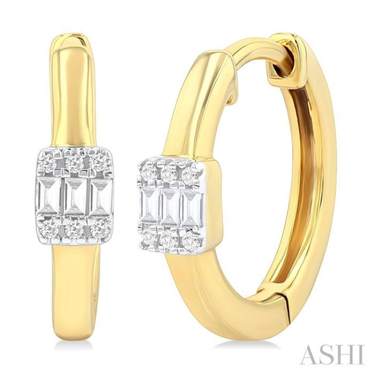 1/10 Ctw Petite Rectangular Center Fusion Baguette and Round Cut Diamond Fashion Huggies in 10K Yellow Gold