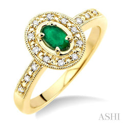 5x3 MM Oval Shape Emerald and 1/10 Ctw Single Cut Diamond Ring in 14K Yellow Gold.