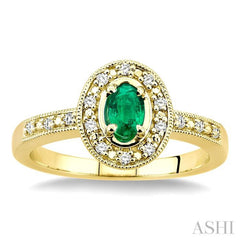 5x3 MM Oval Shape Emerald and 1/10 Ctw Single Cut Diamond Ring in 14K Yellow Gold.