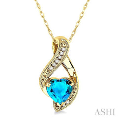 7mm Heart Shape Blue Topaz and 1/20 Ctw Single Cut Diamond Semi Precious Pendant in 14K Yellow Gold with Chain