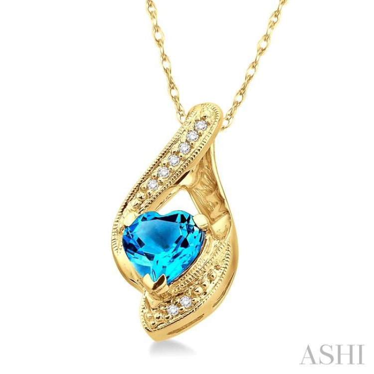 7mm Heart Shape Blue Topaz and 1/20 Ctw Single Cut Diamond Semi Precious Pendant in 14K Yellow Gold with Chain