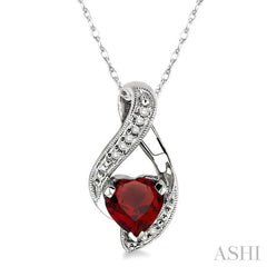 7mm Heart Shape Garnet and 1/20 Ctw Single Cut Diamond Semi Precious Pendant in 14K White Gold with Chain